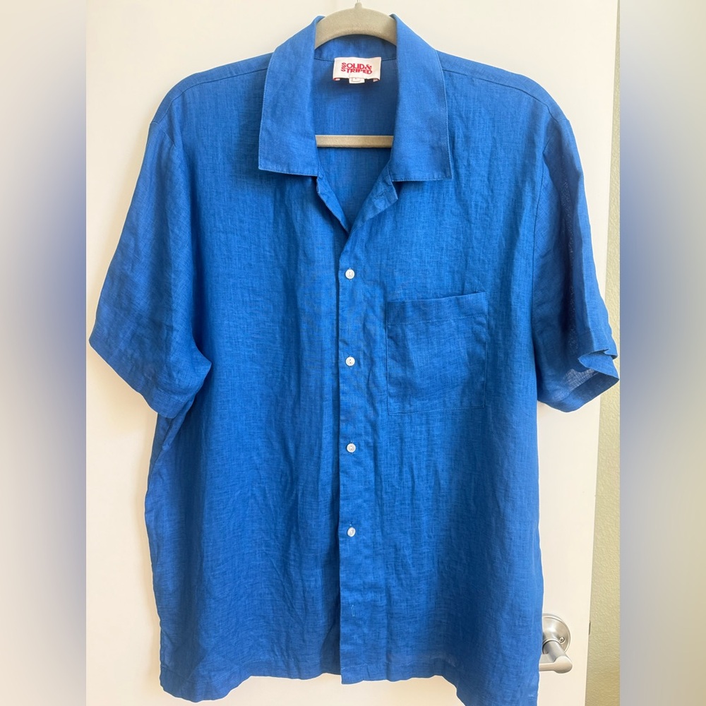 Solid & Striped Linen Camp Shirt Beach Coveup Large Lapis Blue - Picture 2 of 3